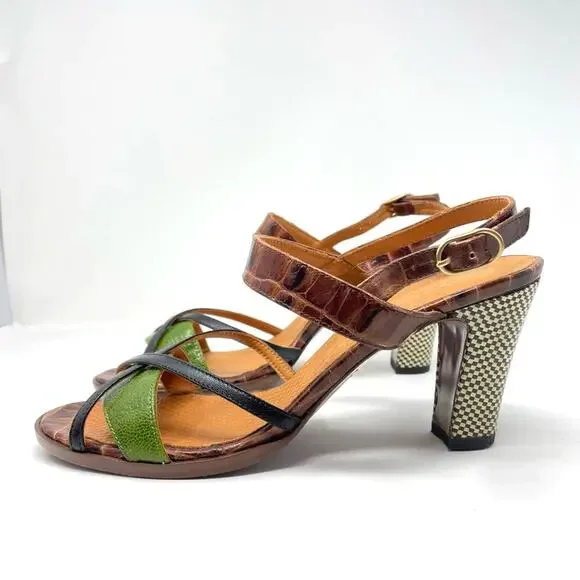 Chie MiharaHeel Sandals Leather Strappy Brown Green B&W Checkered Heel 41 /11